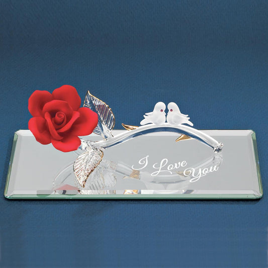 I Love You Red Rose with Doves Glass Figurine