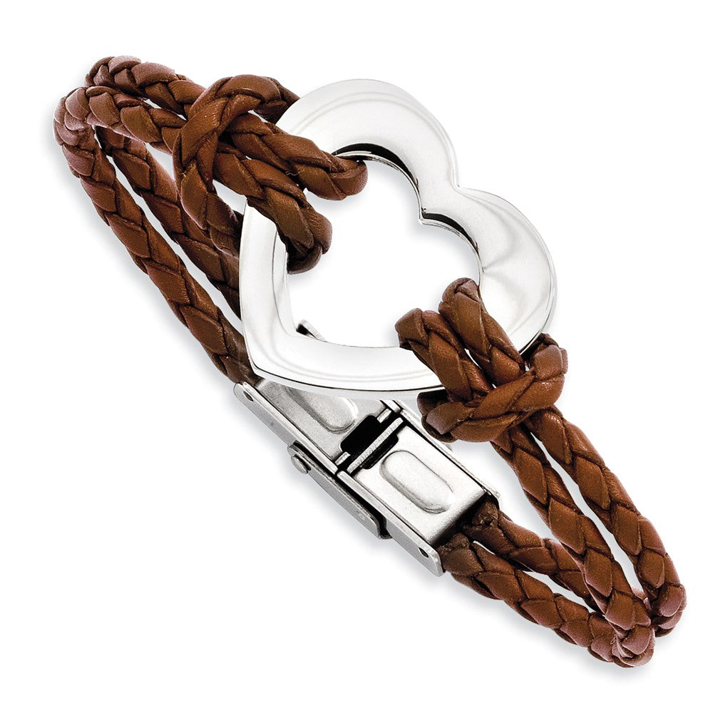 Stainless Steel Polished Heart Leather 7.5in Bracelet 7.25 inches