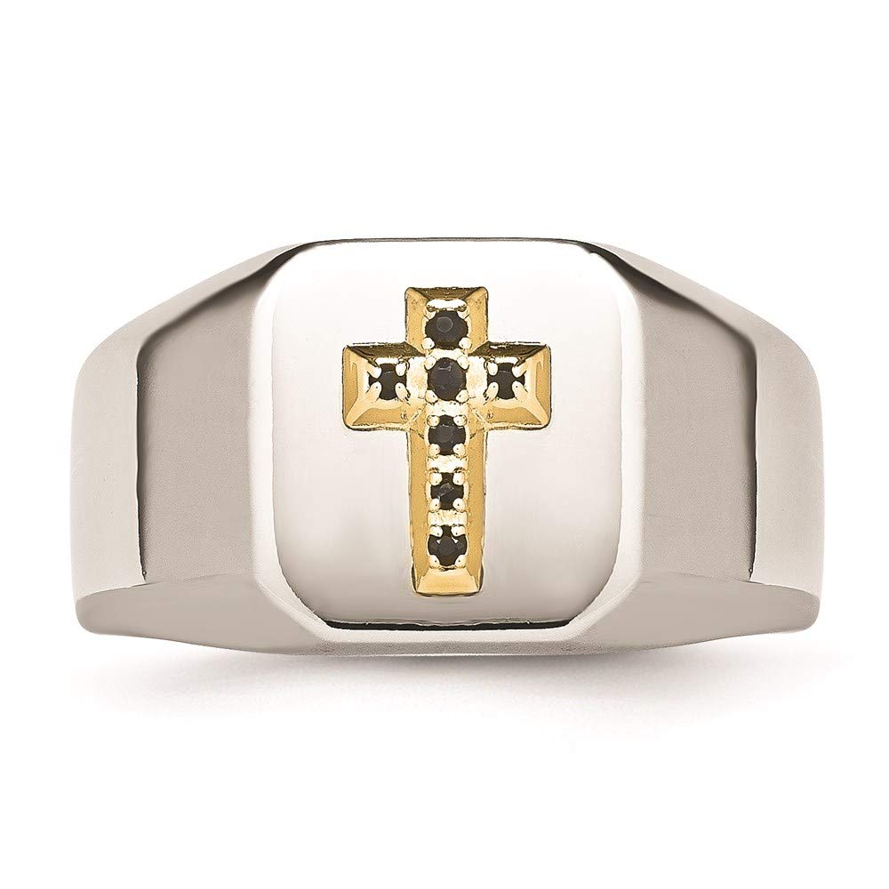 Stainless Steel Polished w/14k Accent 1/15ct Sapphire Cross Signet Ring Size - 9