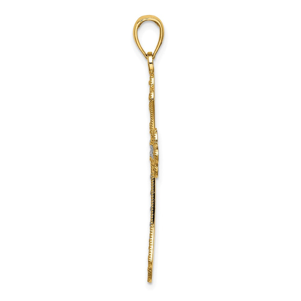 14K W/ Rhodium Scalloped Edges Cross Charm