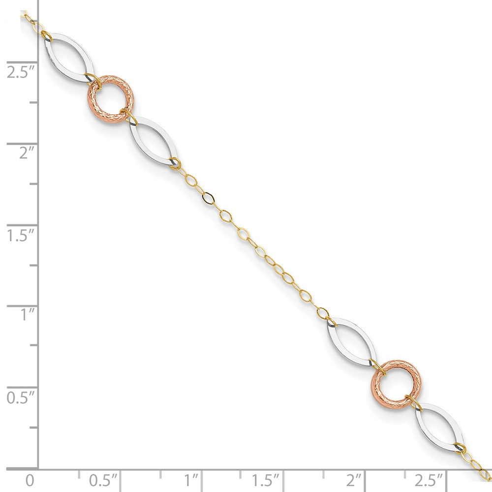 14k Tri-color Circle and Oval 9in Plus 1in ext. Anklet 10 inches
