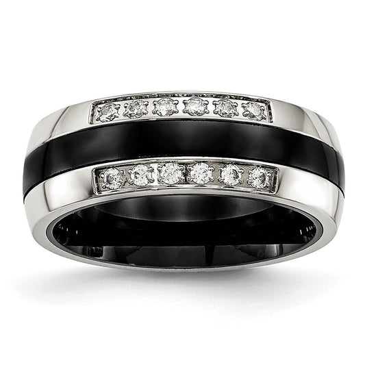 Stainless Steel Polished Black Ceramic CZ Ring Size - 6