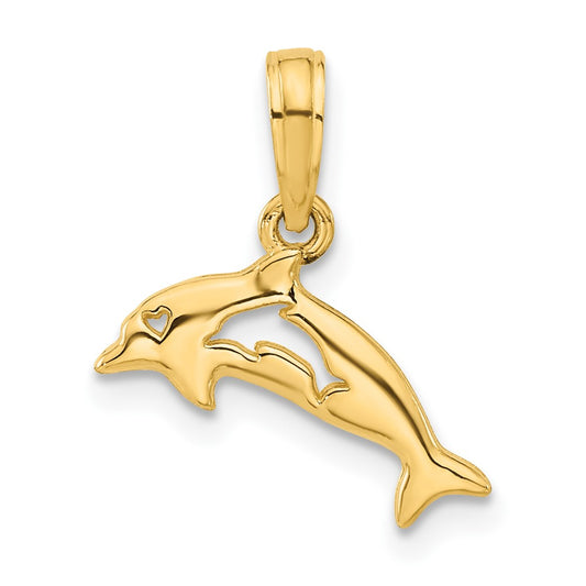 14k Polished Dolphin with Cut-out Baby Dolphin Pendant