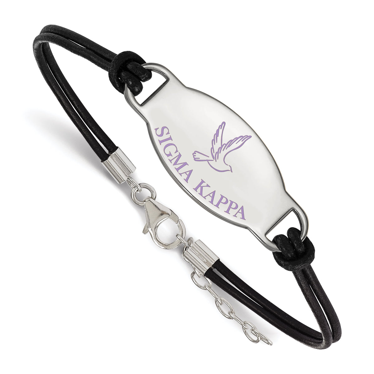 Jewelry by Sweet Pea Sterling Silver Rhodium-plated LogoArt Sigma Kappa Sorority Symbol Color Enamel Black Leather 7 inch Bracelet with Extender