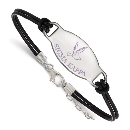 Jewelry by Sweet Pea Sterling Silver Rhodium-plated LogoArt Sigma Kappa Sorority Symbol Color Enamel Black Leather 7 inch Bracelet with Extender