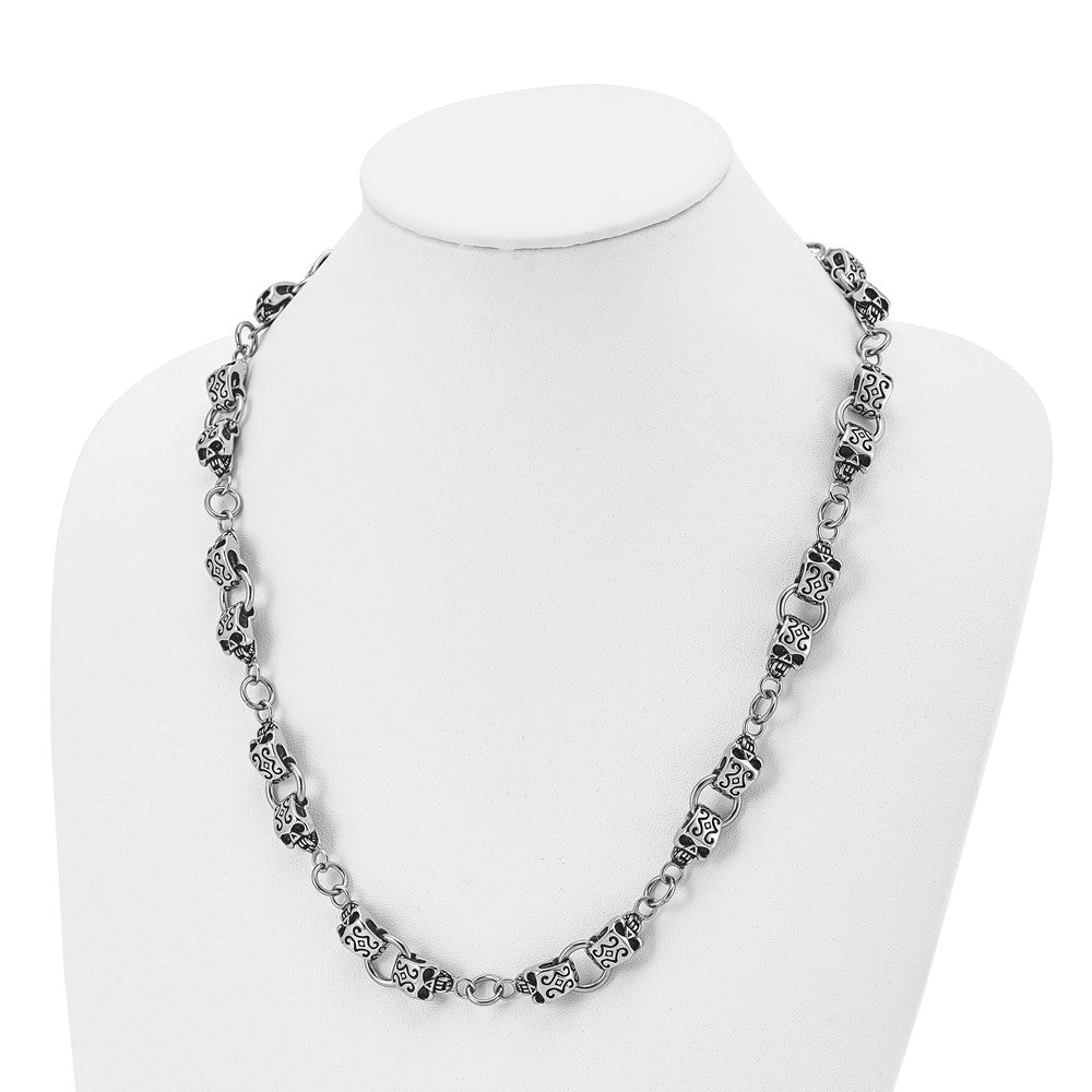 Stainless Steel Antiqued and Polished Skull 24in Necklace