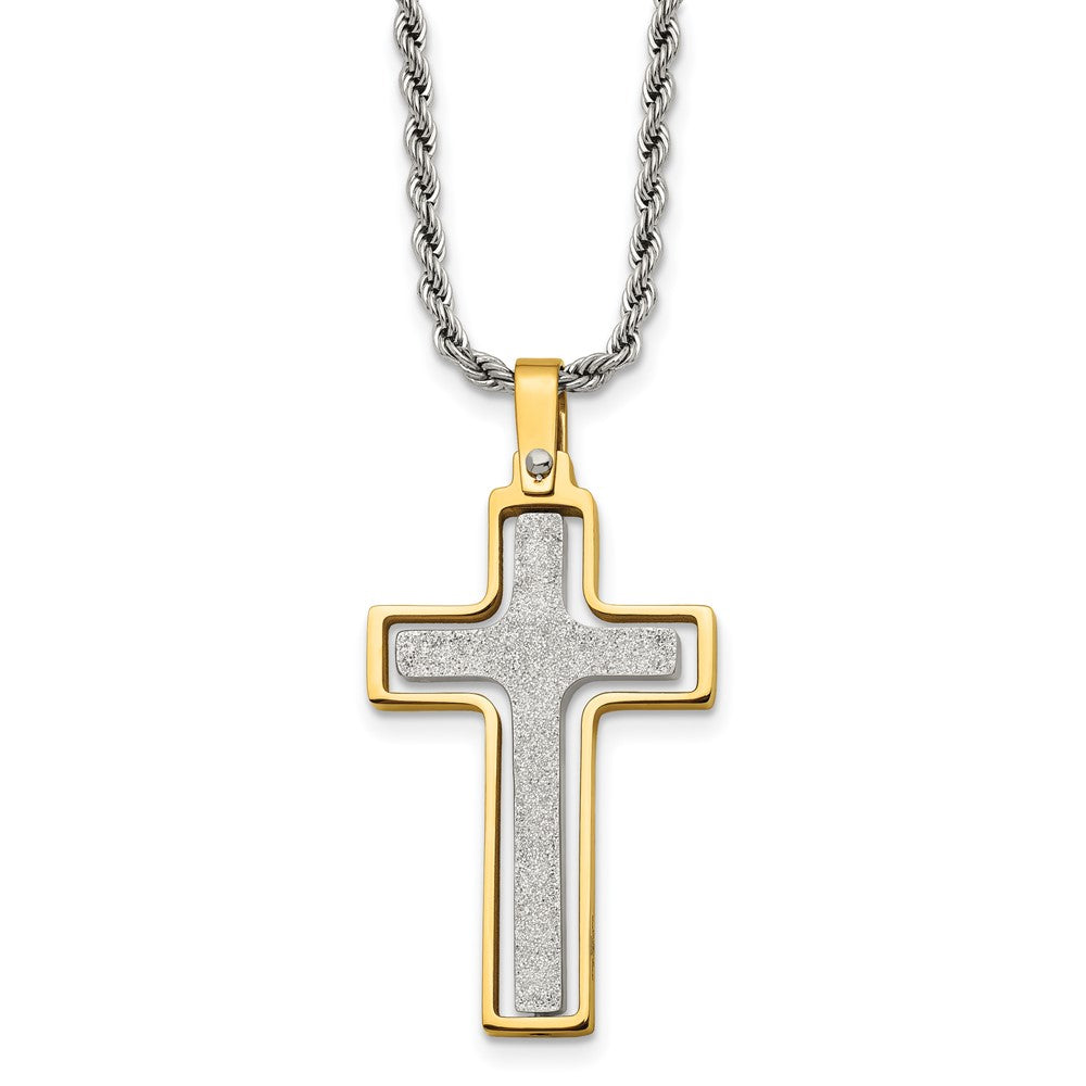 Stainless Steel Polished Yellow IP Laser Cut Moveable Cross Necklace