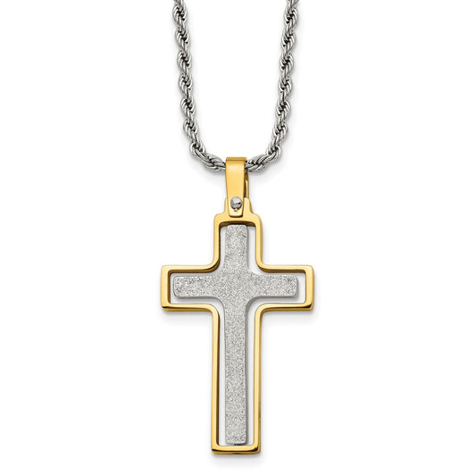 Stainless Steel Polished Yellow IP Laser Cut Moveable Cross Necklace