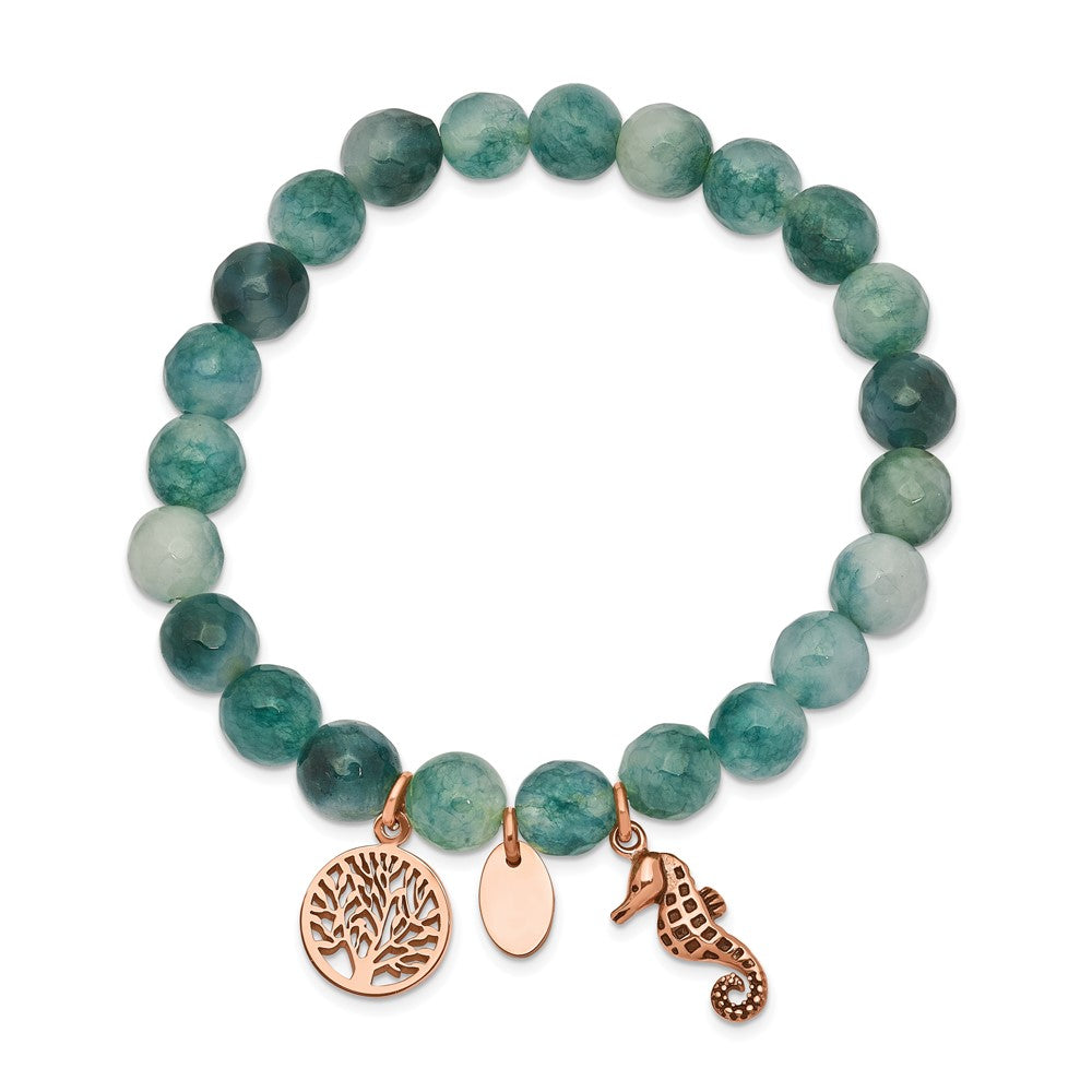 Stainless Steel Antiqued & Polished Rose IP Seahorse Green Dyed Jade Bracel 6.25 inches