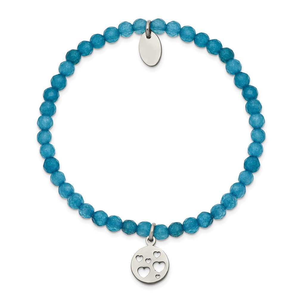 Stainless Steel Polished Hearts Blue Jade Beaded Stretch Bracelet 6.25 inches