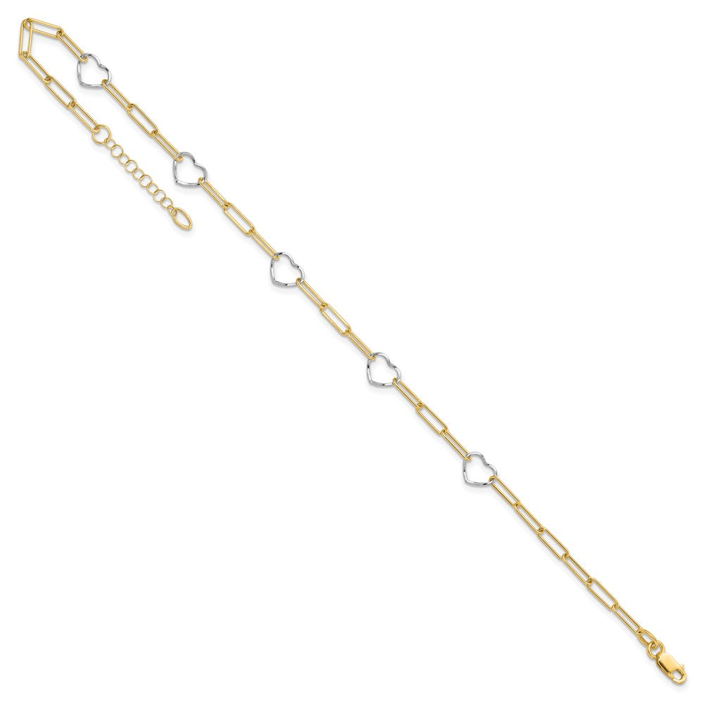 14K Two-tone Paperclip Link Heart 9in Plus 1in ext. Anklet