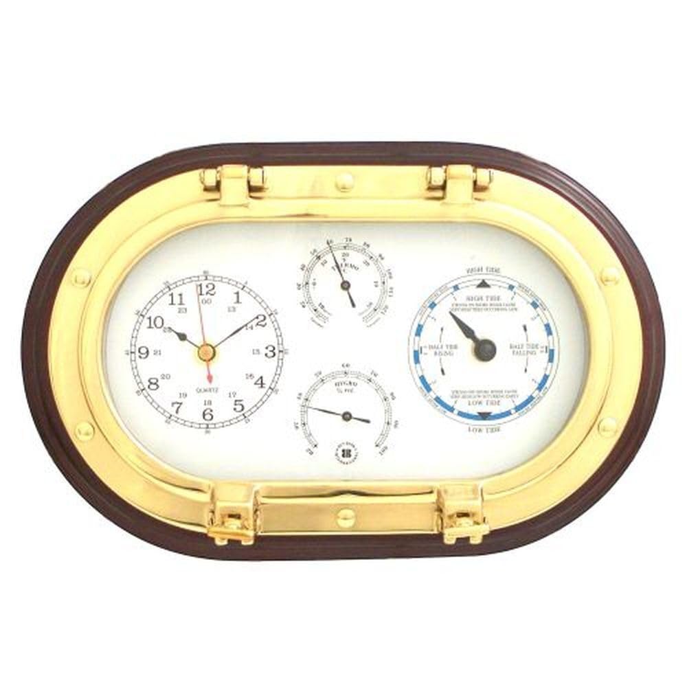 Mahogany and Solid Brass Porthole Clock/Tide Clock/Thermometer/Hygrometer QGM21395