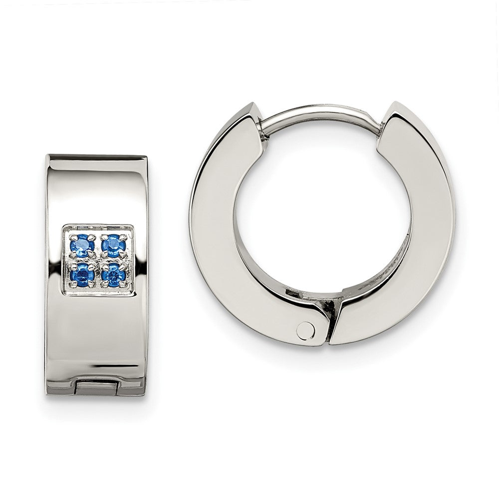 Stainless Steel Brushed & Polished w/Blue CZ 6mm Hinged Hoop Earrings