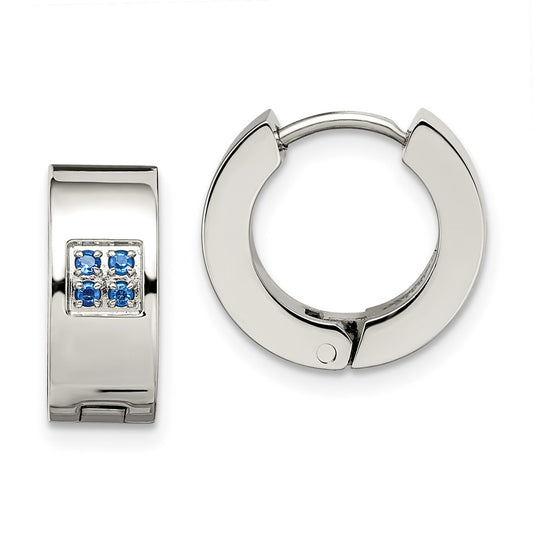 Stainless Steel Brushed & Polished w/Blue CZ 6mm Hinged Hoop Earrings