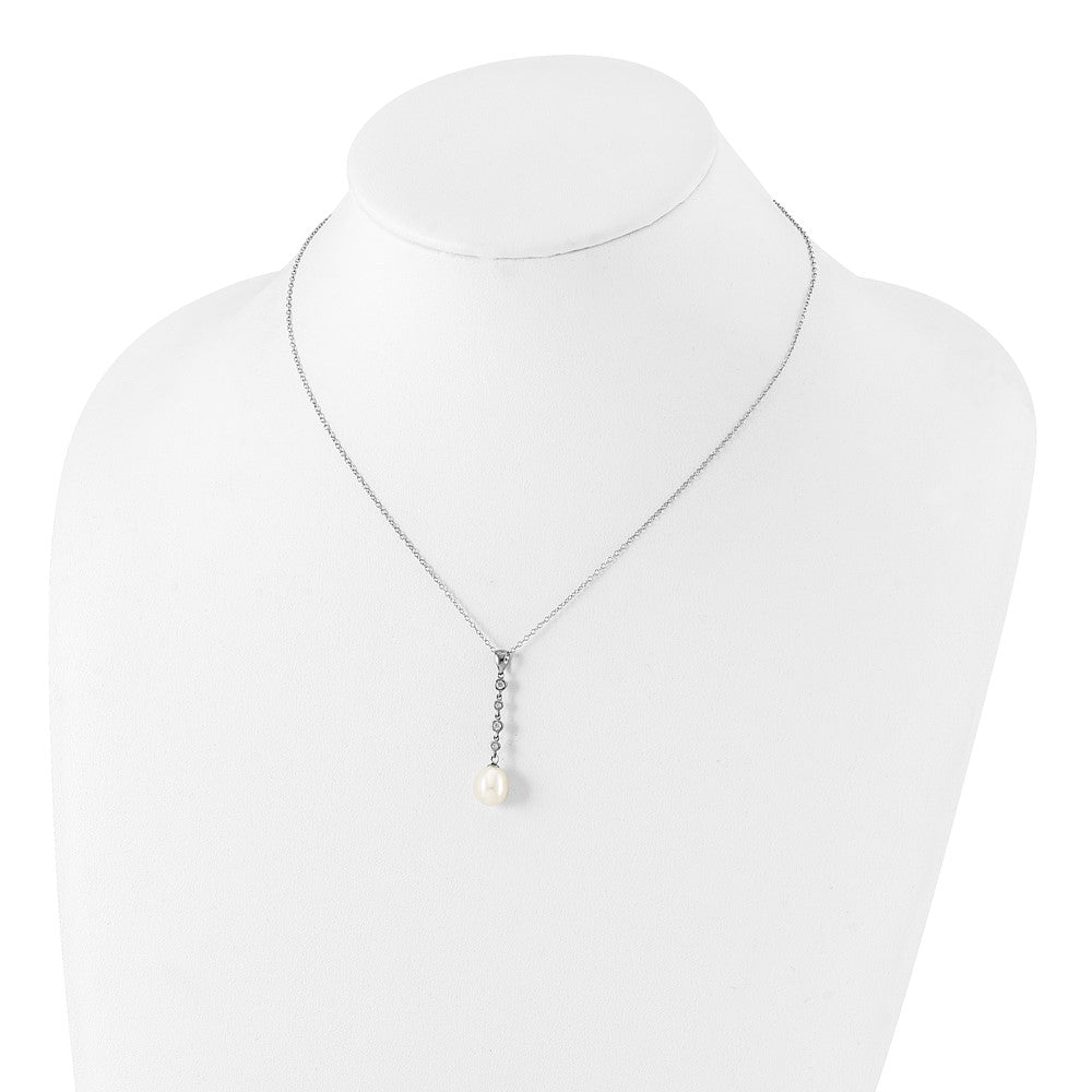 Sterling Silver Rhodium-plated 8-9mm White Teardrop Freshwater Cultured Pearl and CZ 17 inch Necklace and Post Dangle Earrings Set