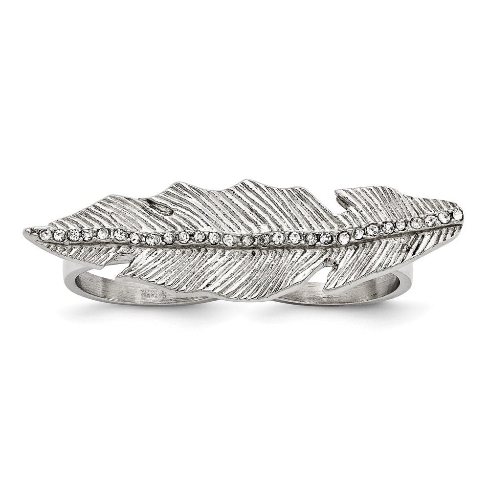 Stainless Steel Polished & Antiqued Leaf Two Finger 7/8 Crystal Ring