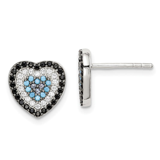 Sterling Silver Black, White & Blue CZ Heart Post Earrings