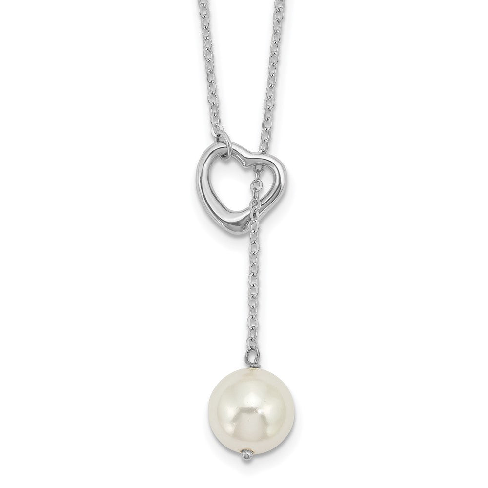 Sterling Silver Rhodium-plated 10-11mm White Round Imitation Shell Pearl Heart 18 inch Necklace 18 Inches