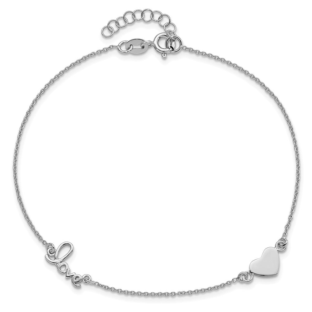 Sterling Silver Rhodium-plated Heart and LOVE 9in Plus 1in ext. Anklet 9 inches