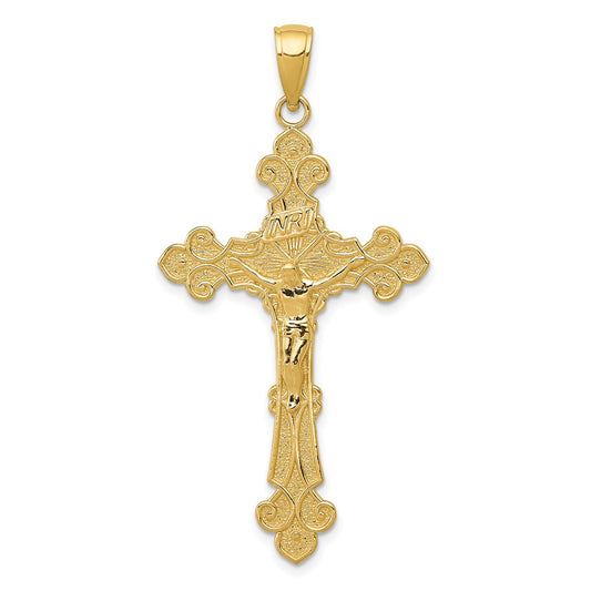 10K Polished Textured INRI Crucifix Fleur de Lis Pendant