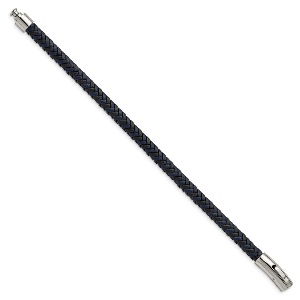 Stainless Steel Polished Black and Blue Braided Leather 8.25in Bracelet 8.25 inches