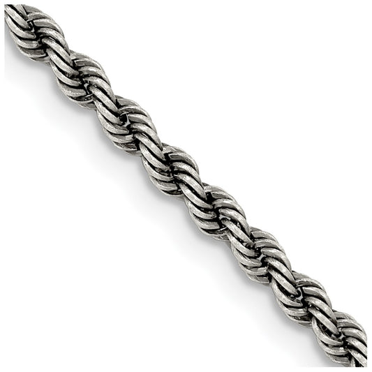 Sterling Silver Ruthenium-plated 2.9mm Rope Chain 20 Inches
