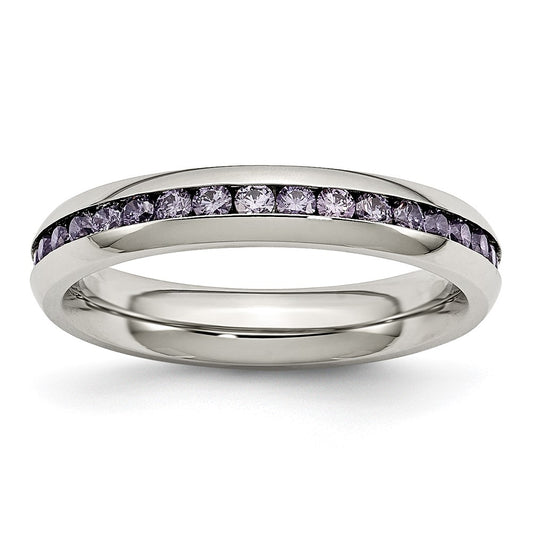 Stainless Steel Polished 4mm February Purple CZ Ring Size - 6