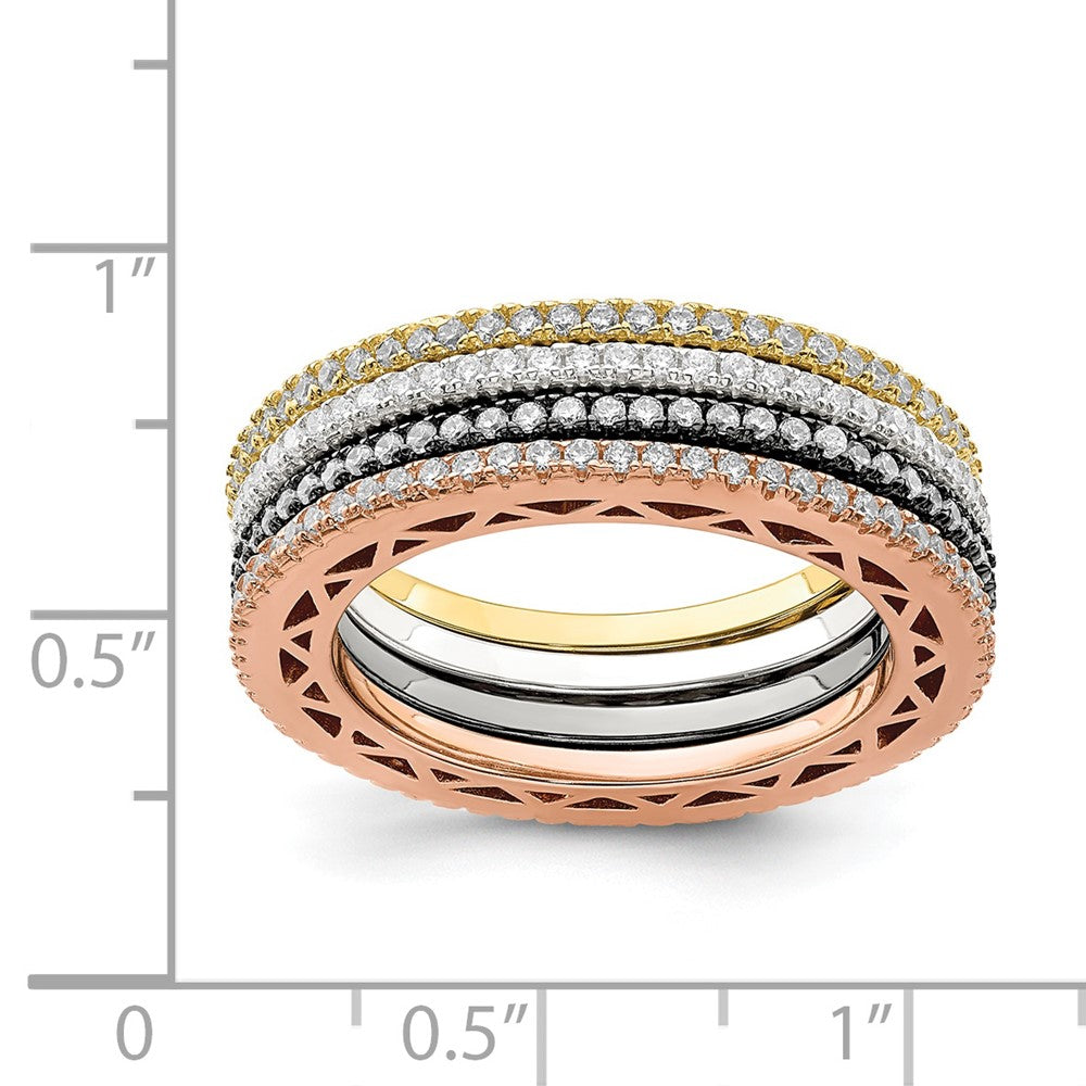 Sterling Silver & Rose, Gold, & Black-tone CZ 4 Band Set