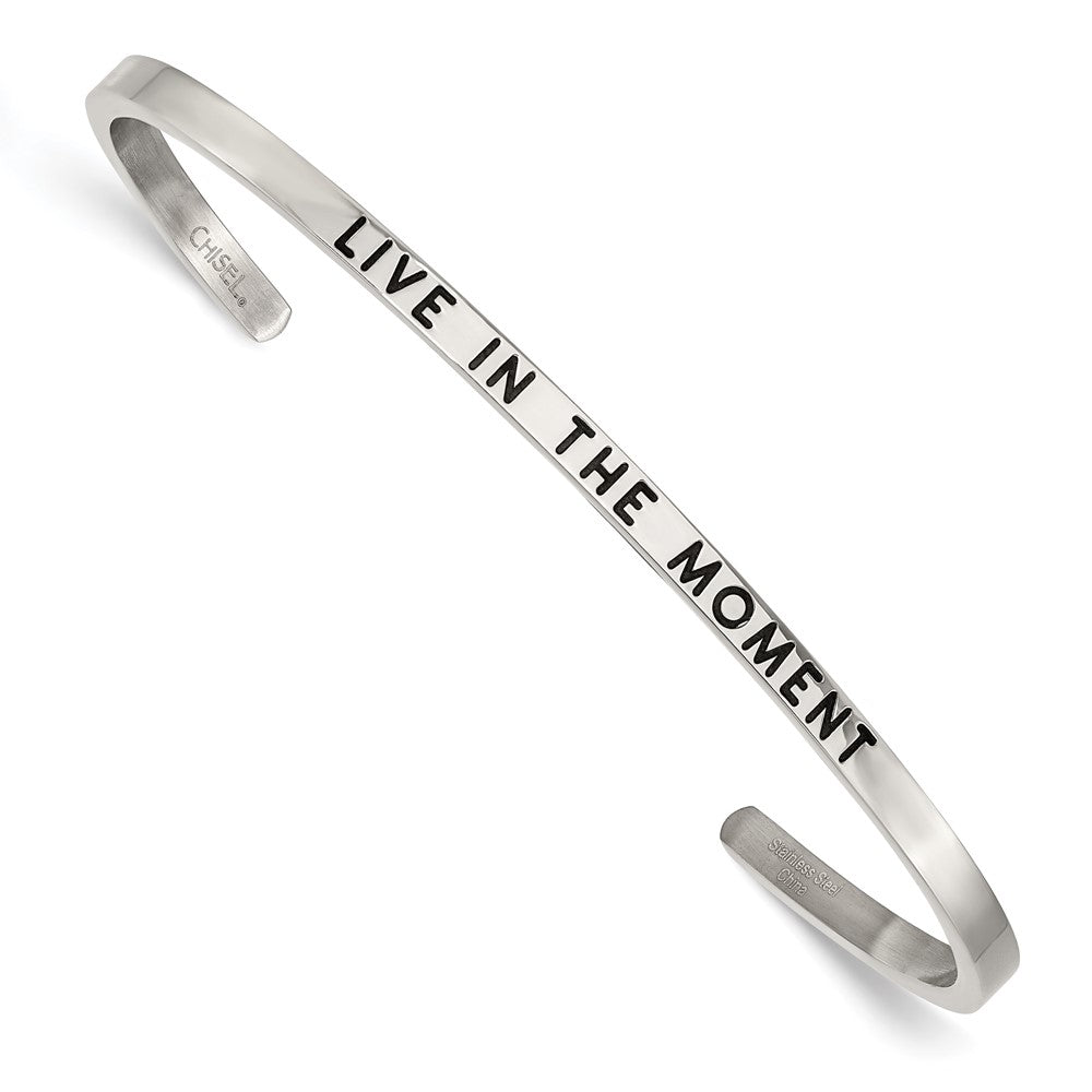 Stainless Steel Polished Enamel/Crystal IN THE MOMENT 3mm Cuff Bangle 7 inches