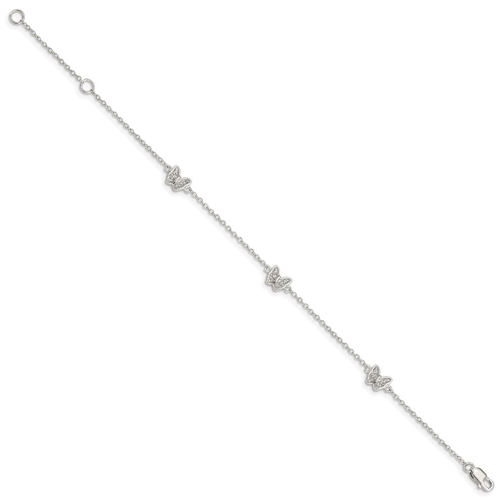 Sterling Silver Rhodium-plated Polished CZ Butterflies 6 inch Bracelet with 1 inch extension 7 inches