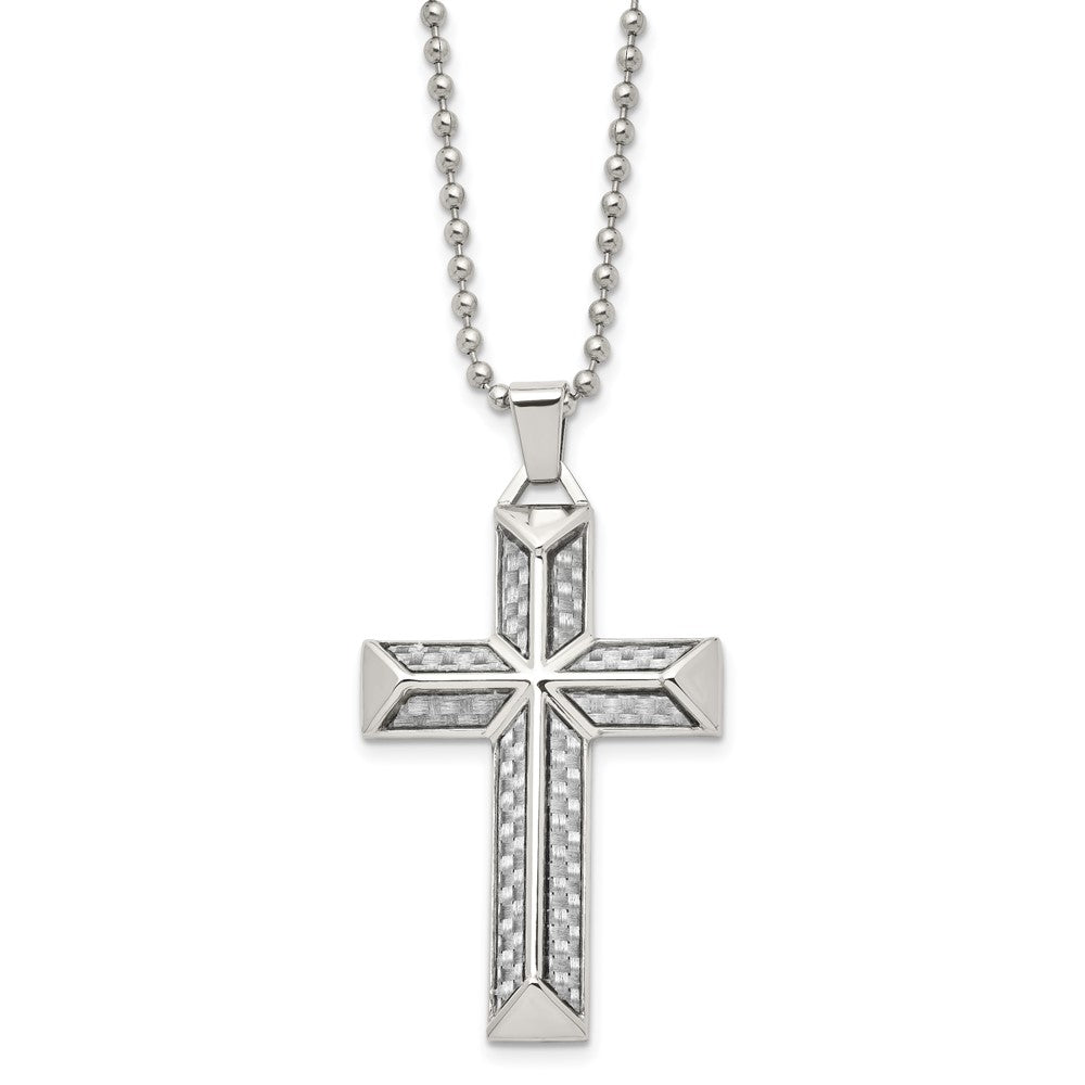 Stainless Steel Polished w/Grey Carbon Fiber Inlay Cross 24in Necklace