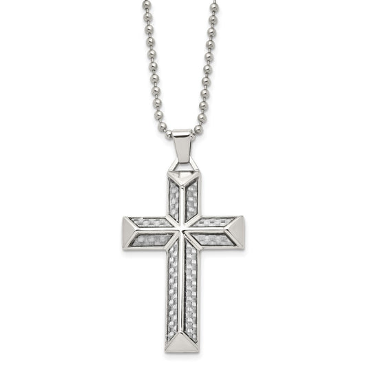 Stainless Steel Polished w/Grey Carbon Fiber Inlay Cross 24in Necklace