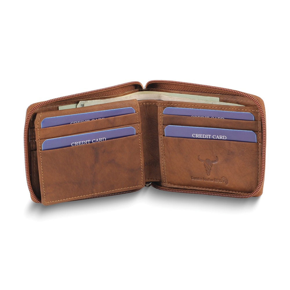 Tan Leather RFID Blocking Zip Around Top Flap Wallet