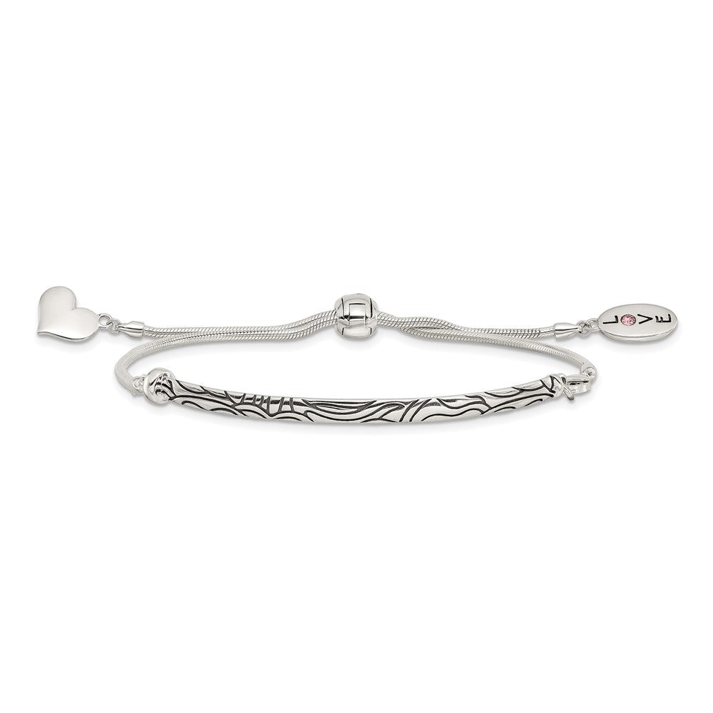 Sterling Silver Antiqued Reflections Crystal Love Heart Adjust Bracelet 9 inches