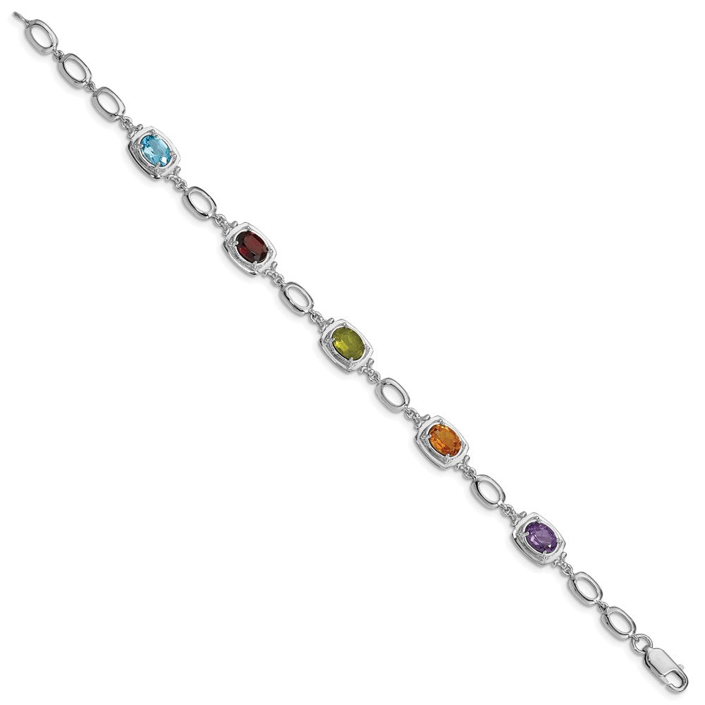 Sterling Silver Rhodium-plated Multi Gemstone Link Bracelet 7.5 inches