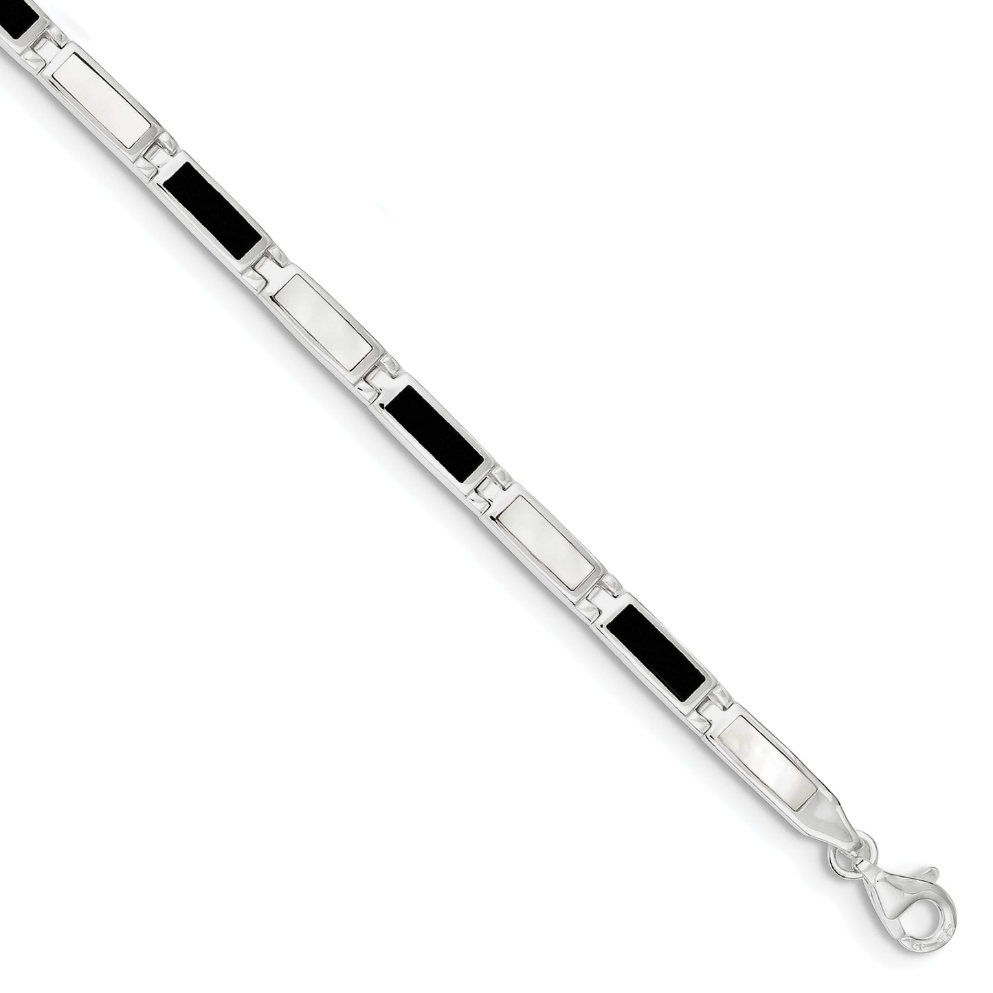 Sterling Silver Rhodium-plated 7in Onyx/Mother Of Pearl Bracelet