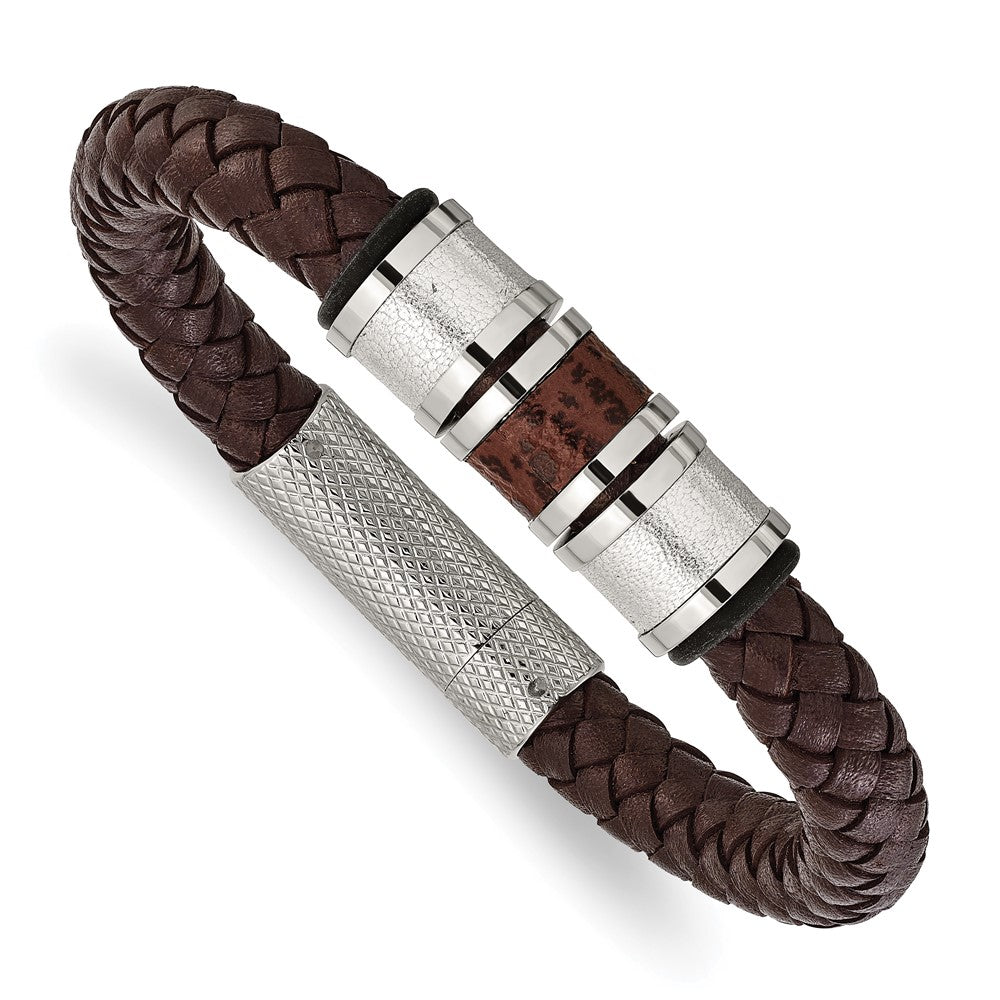 Stainless Steel Polished Brown Leather Black Rubber 8.25in Bracelet 8.25 inches