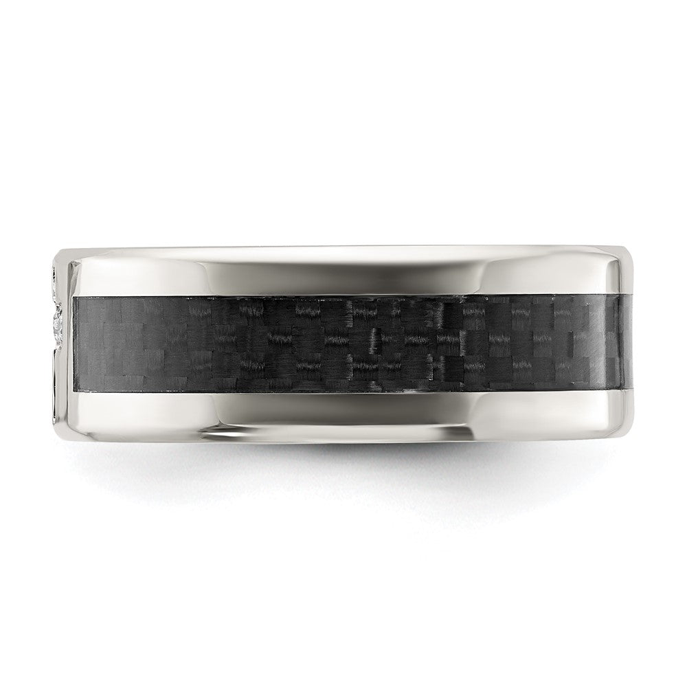 Stainless Steel Polished w/Black Carbon Fiber Inlay CZ Cross 8mm Band Size - 11.5