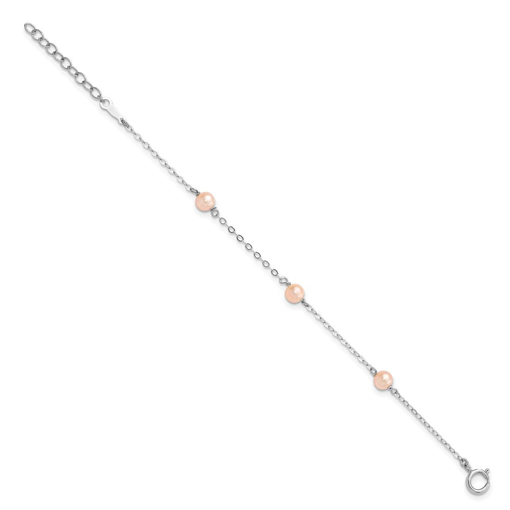 Sterling Silver Rhodium-plated 4-5mm Pink Semi-Round Freshwater Cultured Pearl 3-Station 5 inch with 1 inch Extension Children's Bracelet 6 inches
