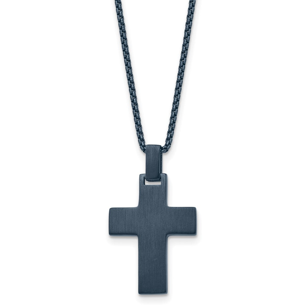 Stainless Steel Brushed & Polished Blue/Grey IP-plated 22in Cross Necklace