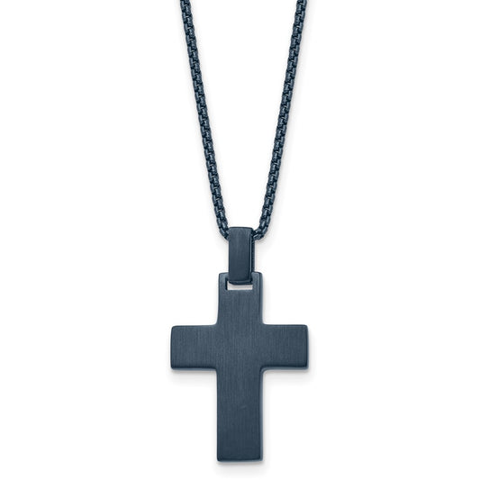 Stainless Steel Brushed & Polished Blue/Grey IP-plated 22in Cross Necklace