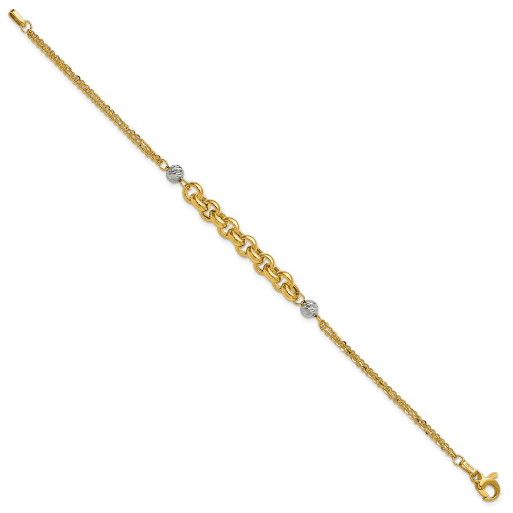 14K w/White Rhodium Polished D/C 2-Strand Rolo Link Bracelet 7.5  inches