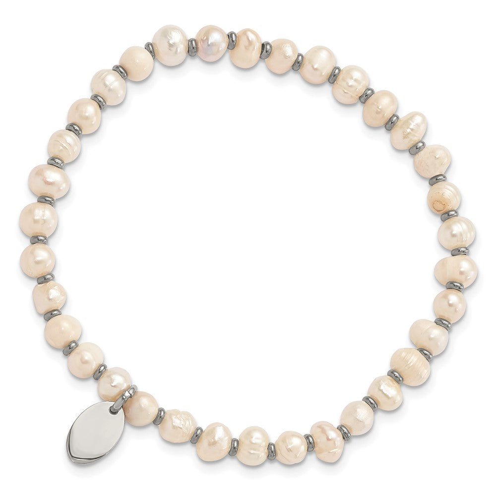 Stainless Steel Polished w/Freshwater Cultured Pearl Stretch Bracelet