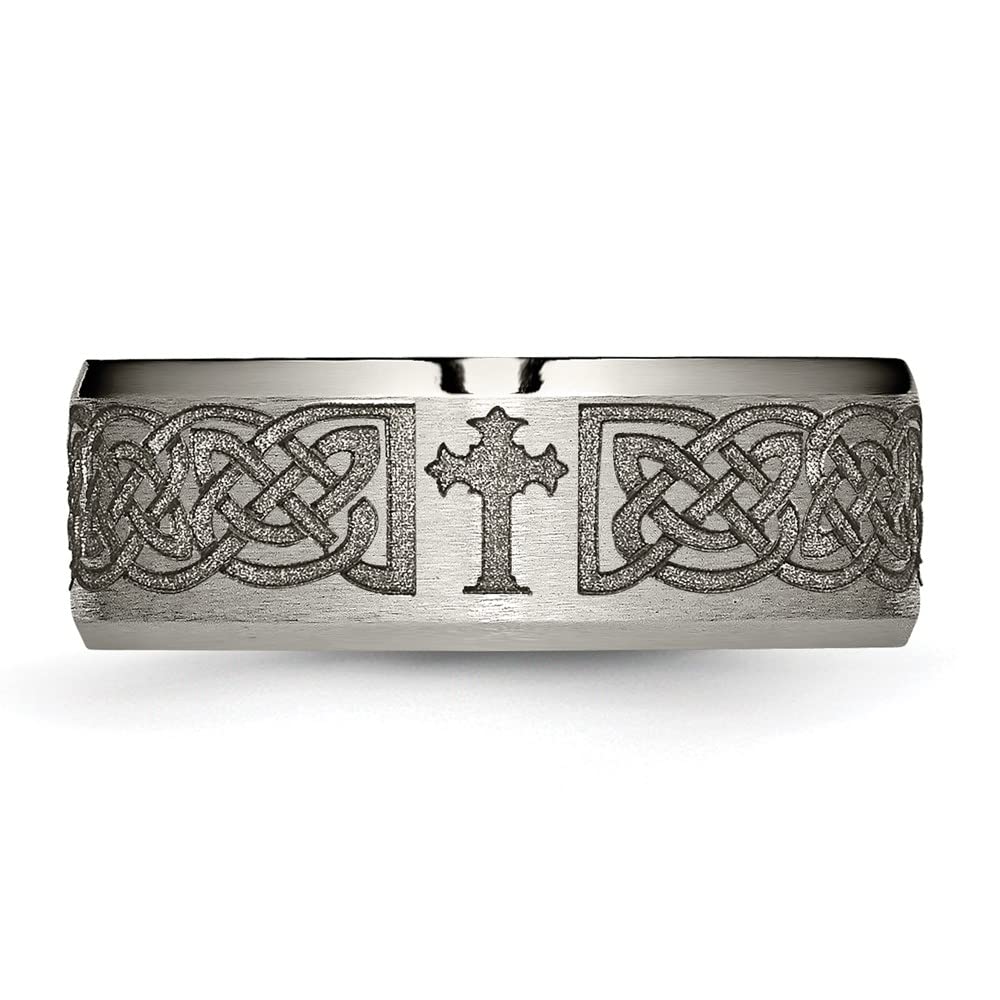 Titanium Brushed & Polished Cross Laser Design 8mm Beveled Edge Band Size - 12.5