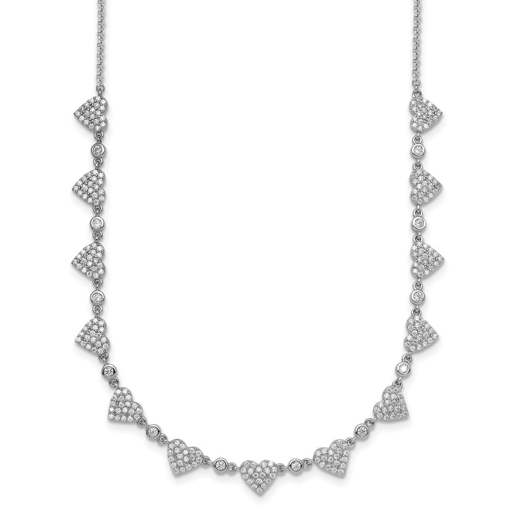 Sterling Silver Rhodium-plated Polished Pave CZ Hearts 16 Inch with 2 Inch Extension Necklace 16 Inches