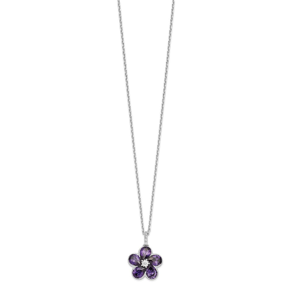 Cheryl M Sterling Silver Rhodium-plated Purple and White Brilliant-cut CZ Flower 16 Inch Necklace with 2 Inch Extender 16 Inches