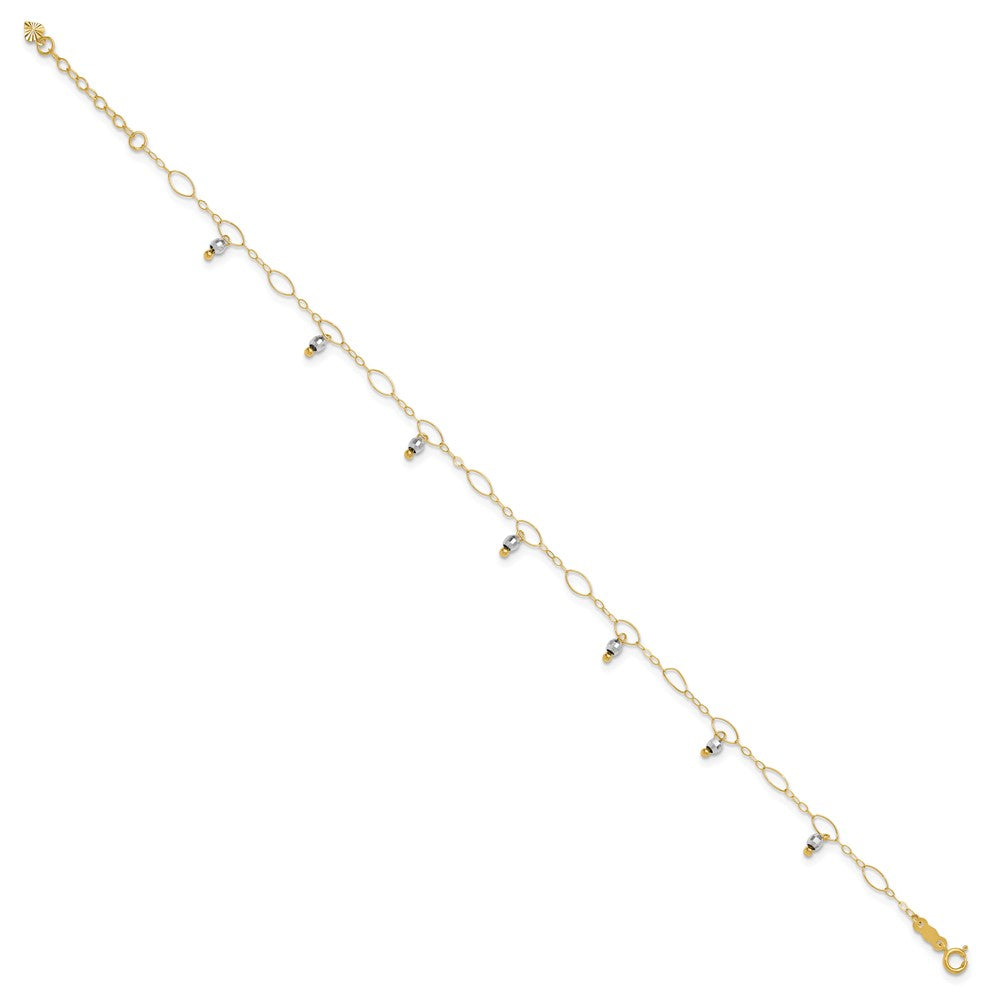 14K Two-Tone Mirror Beaded 9in Plus 1in ext. Anklet 9 inches