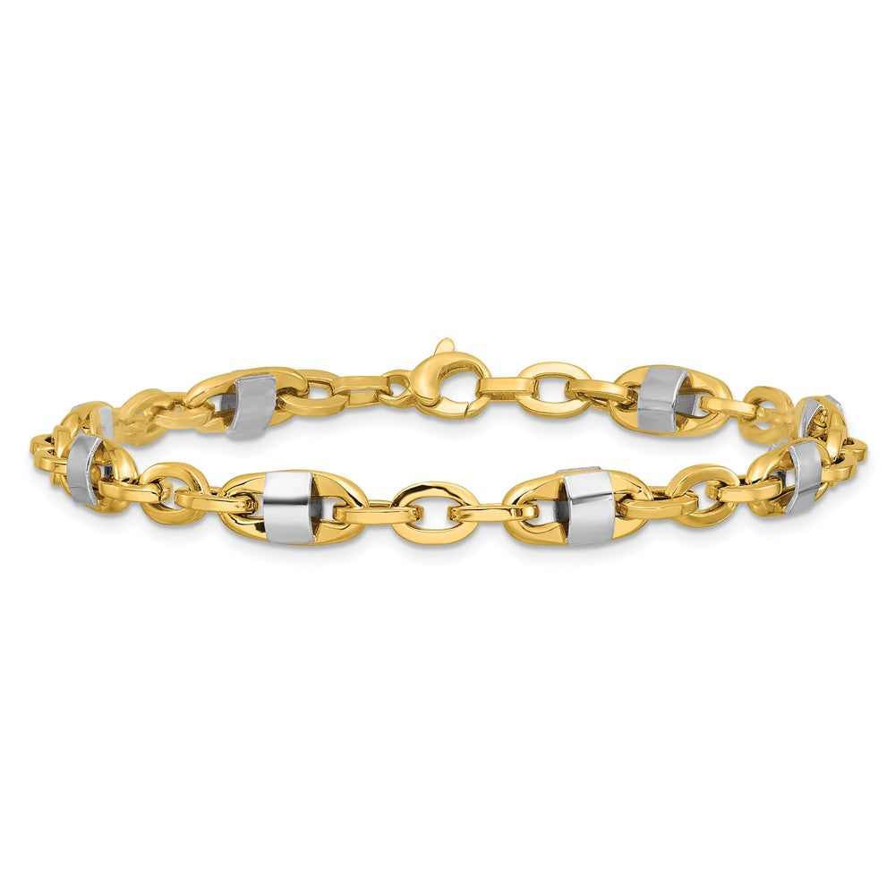 14K w/Wht Rhodium Polished Fancy Oval Men's Link Bracelet 8  inches
