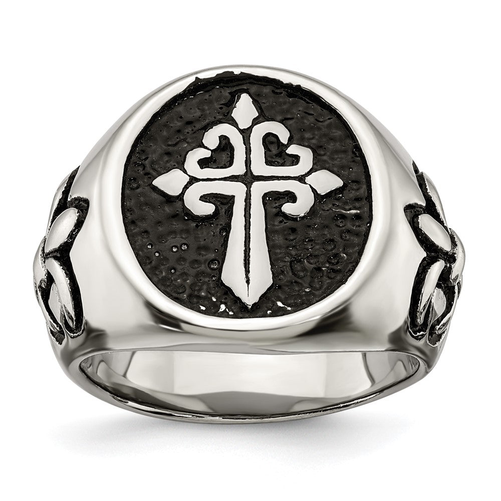 Stainless Steel Antiqued and Polished Fleur de Lis Cross Ring Size - 11