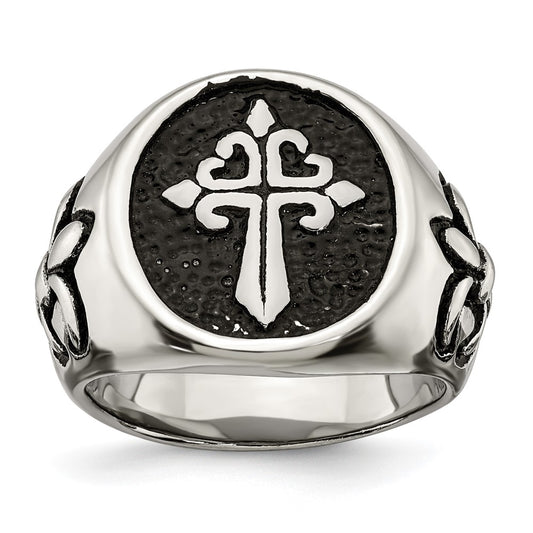 Stainless Steel Antiqued and Polished Fleur de Lis Cross Ring Size - 11